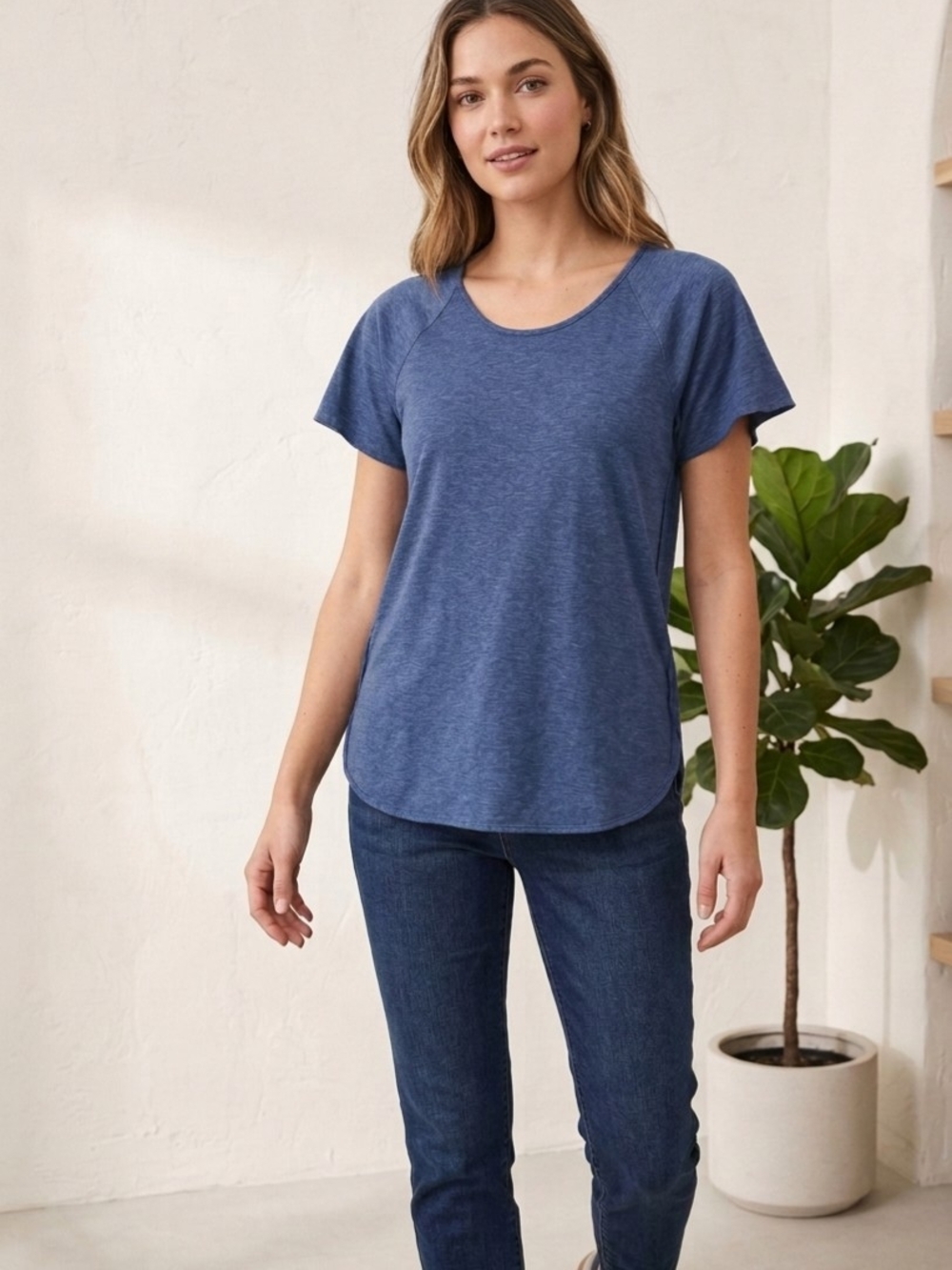 Molly & Isadora Women's Short-Sleeve Scoop-Neck Tee in Heather Blue